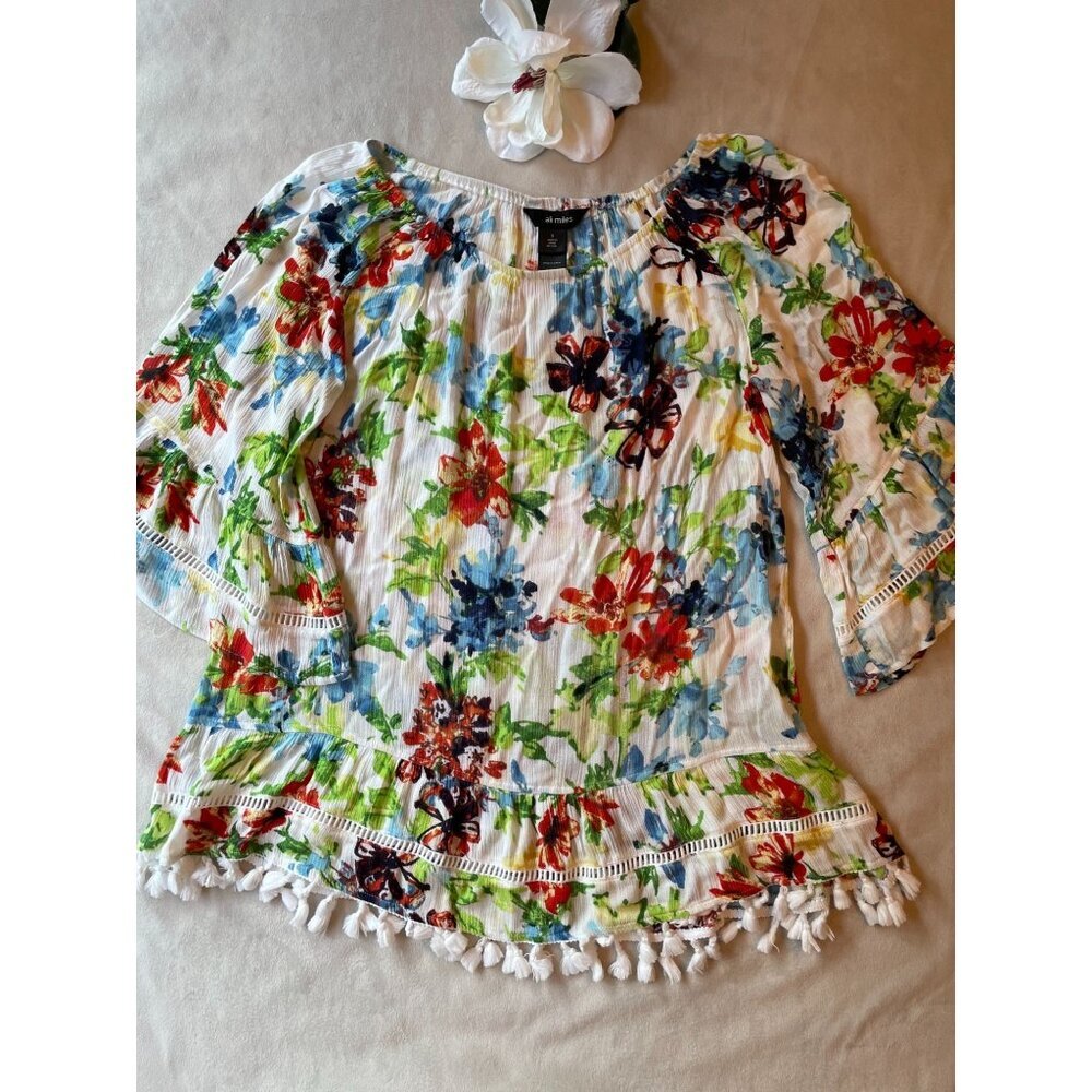 Ali Miles Floral Off-Shoulder Blouse With Tassel Hem Cottagecore Boho Bohemian